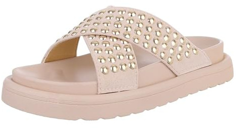 Ital Design Damenschuhe Sandalen & Sandaletten Pantoletten, TC-1838-, Textil, Beige, Gr. 39