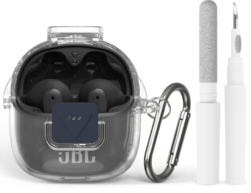 Cover in TPU per JBL Tune Flex 2, con moschettone e fibra di pulizia, antigraffio a 360° e antiurto, flessibile e anti impronte digitali (trasparente)