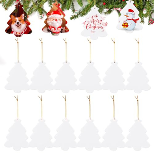 WANDIC Sublimation Ceramic Ornaments Blank, 12Pcs Christmas Tree Shaped Personalized Decoration Bulk White Ceramic Tile with Gold String for Crafting