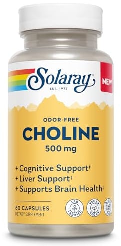 SOLARAY Choline 500 mg – Cognitive, Brain Health and Liver Support Supplement – Powerful Brain Supplement & Choline Source for Adults – Odor-Free, Vegan Liquid VegCaps – 60 Servings, 60 Capsules