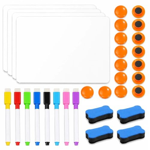 4PCS A4 Whiteboard Set, Small Dry Erase Board Kit | PVC Dry Wipe Boards, 4 A4 Boards with 8 Magnetic Pens, 16 Magnets and 4 Erasers for Home, Office and Study