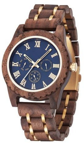 LMWOOD Reloj de Madera para Hombre Reloj de Madera Personalizado para Marido Novio Reloj de Nogal con Banda de ébano Luna Frase Fecha Semana Aniversario Reloj