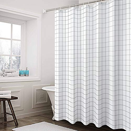 Aisaving Cortina de ducha de tela de poliéster, resistente al moho, resistente al agua, con anillos de cortina de plástico y dobladillo pesado, 180 x 180 cm (rejilla blanca)