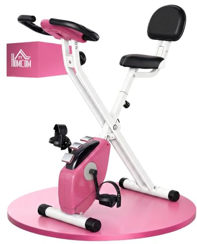HOMCOM Bicicleta Estática Plegable con Respaldo, Bici Estática con 8 Niveles de Resistencia Magnética, Volante, Pantalla LCD, Pulsómetro, Sillín Ajustable, Carga 110 kg para Hogar Ahorra Espacio