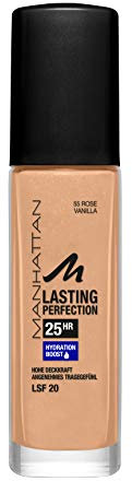 Manhattan Lasting Perfection 25 Stunden Make up, Rose Vanilla 55, feuchtigkeitsspendende Foundation, langanhaltend, hohe Deckkraft, für einen makellosen Teint, 30 ml