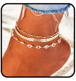 Ushiny Vintage Layered Fußkettchen Strass Fußkettchen Fishbone Fußkettchen Perlen Fußkette Schmuck für Frauen und Mädchen (3 Stück) (Gold)