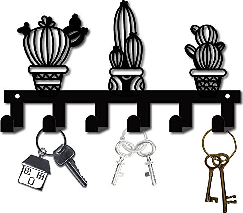 GORGECRAFT Porte-Clés en Fer Crochets pour Clés en Métal Noir Cintre Mural Décor Organisateur Suspendu Rack Décoratif avec 6 Crochets pour Porte D'Entrée Armoire 10.6 x 5.9 x 1.5 Pouces Cactus en Pot
