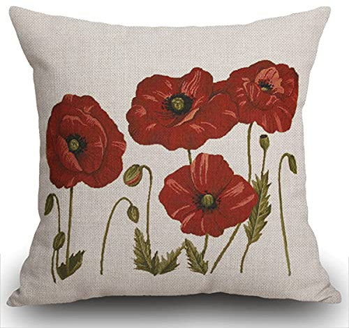Smooffly Kissenbezug, Ölgemälde, schöne Pflanze, Blumen, rote Mohnblumen, Leinen, quadratisch, für Wohnzimmer, Sofa, Couch, Bett, 45 x 45 cm