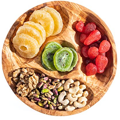 Snackteller aus Olivenholz - Runder Obstteller - Trockenobstteller - Servierplatte mit 4 Fächern von Darido.