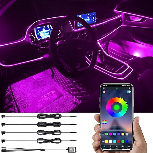 TABEN Auto-Ambiente-Beleuchtungsset, 4 m, Glasfaser, 64 Farben, Bluetooth, App, USB-Steuerung, Auto-Ambiente-Licht, DIY, 16 Millionen RGB mehrfarbig, Sound, Musik, Synchronisation 12 V