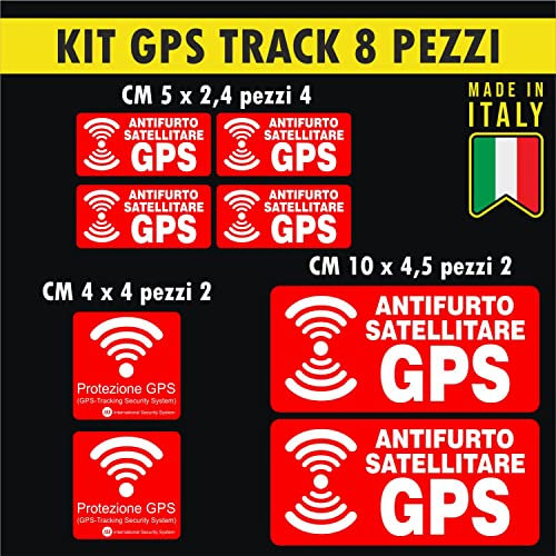 Kit 8 adesivi satellitari antifurto GPS per bicicletta, moto, macchine da costruzione, auto, camion, allarme antifurto cod. 1650 (ROSSO)