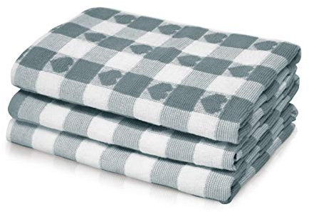La Maison Pack of 3 Hearts Check Woven Tea Towel Large Super Absorbent 100% Cotton Kitchen Towels (Grey)