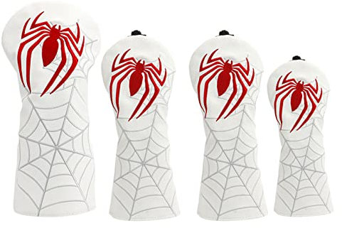 FUUBAMB00 Copricapo in Ferro da Golf Copricapo Ricamato Set Copricapo in Tessuto PU Premium con Motivo Ragno Fairway Copri Mazza da Golf per Golfisti Destri e Mancini,White