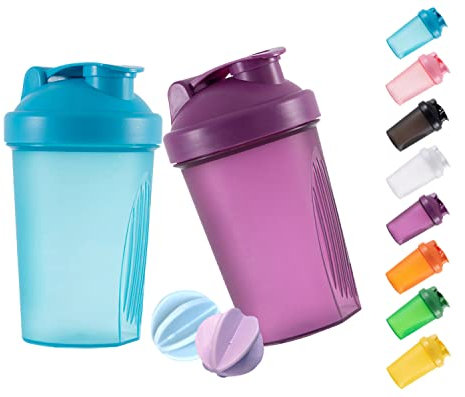 GAISHION Protein Shaker Flasche 400 ml Auslaufsicher, BPA Frei, Eiweiß Shaker für Supplement Shakes mit Sieb & Skala, Fitness Mixer für cremige Whey Proteinpulver Shakes, (Blau+Lila(2PCS)