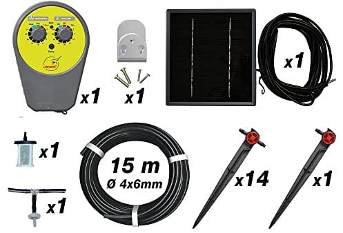 Jardibric - Kit de Pompe Programmable Solaire avec 15 m de Tuyau Ø4x6 mm et 15 Goutteurs Auto - Idéal pour l'Arrosage Optimal et les Réserves d'Eau