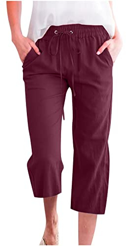 oglccg Womens Capris Trousers 3/4 Pants Cotton Linen Elastic High Waist Cropped Drawstring Summer Autumn Solid Color Pockets Loose Straight Wide Leg Outdoor Plus Size 8-18 Wine XL