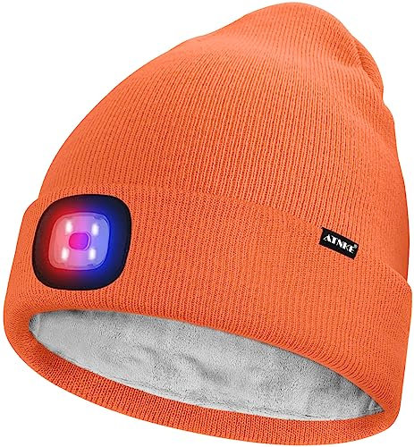 ATNKE Unisex LED Mütze mit Licht,Wiederaufladbare USB 4 LED Rot und Blau Leuchten Blinkender Laufmütze Lampe Warme Gefüttertes Fleece Stricken Mütze für Herren und Damen Geschenke/Bright Orange