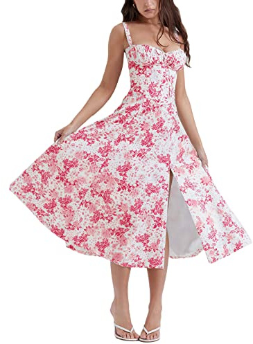 shownicer Robe Corset de Plage d'été, Robe Bustier Imprimée Robes Longues Fendues sans Manches à Bretelles Spaghetti pour Femmes B Rose Rouge XXL