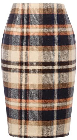 Kinghua Damen-Bleistiftrock aus Wolle, kariert, für Herbst und Winter, hohe Taille, Schlitz, figurbetont, knielang, Midirock, Dunkelbraun, Klein