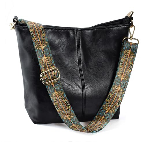 Huwzder Hobo Bags Umhängetasche aus veganem Leder, Gitarrengurt, Schultertaschen mit Reißverschluss, Handtaschen für Damen, Schwarz, Umhängetasche