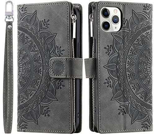 VEEMOS Wallet Case for iPhone 11 Pro Max Flower Flip Case Protective Leather Folio Book Phone Cover with Card Slots Kickstand Zipper Pocket - Grey