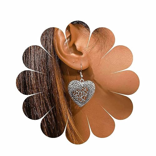 Allereya Vintage Tribal Heart Dangle Earrings Filigrane Herz Ohrringe Tribal Ethnische Ohrringe Herz Tribal Haken Ohrringe Schmuck Für Frauen Und Mädchen