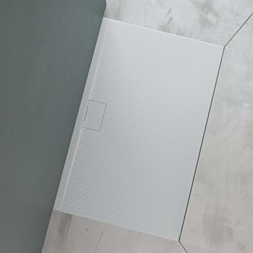 Mai & Mai Piatto Doccia 90x140 cm con Piletta, Spessore 3cm, Piatto Doccia Rettangolare Ultrasottile in Resina Effetto Pietra, Antiscivolo Indistruttibile, per Box Doccia, Bianco, Geoma07