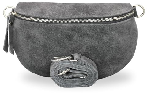 BRISE Bauchtasche Damen Echtes Wildleder SAHEL Handgemachte Umhängetasche Crossbody Bag Hüfttasche mit Ledergurt Stylische Schultertasche Gürteltasche Made in Italy (Dunkelgrau 1)