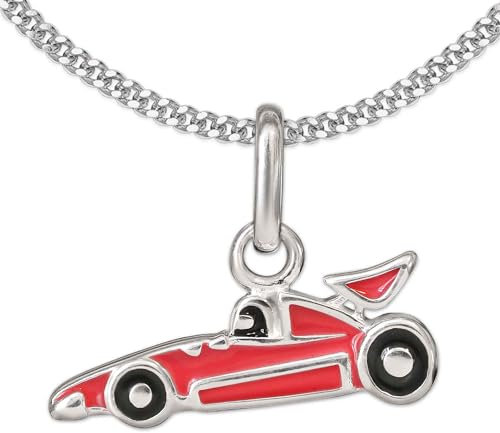 CLEVER SCHMUCK Mini Rennauto Halskette mit Rennwagen 14 x 5 mm rot schwarz Kette Panzer 925 Sterling Silber für Kinder im Schmucketui