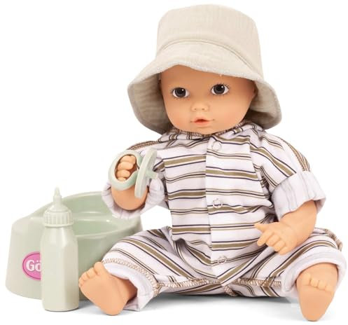 Götz 2453054 Aquini Girl Urban Stripes Puppe - 33 cm Badepuppe ohne Haare mit braunen gemalten Augen - 6-teiliges Set - Babypuppe ab 18 Monaten
