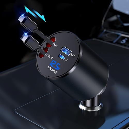 GLILAVOX Retractable Car Charger,4 in 1 Car Phone Charger for iPhone and Type C 60W,Retractable Cables and 2 Charging Ports Car Charger for iPhone 16/15/14/13,Galaxy and Pixel (Black)