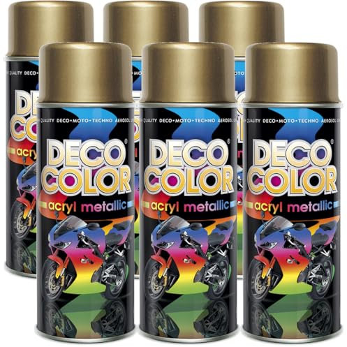 Deco Color 6er Sparpack Lackspray Metallic GOLD 400ml - Sprühlack mit Metallic Effekt für z.B. KFZ, Fahrrad uvm. (6 Dosen Lackspray Gold mit Metallic-Effekt)