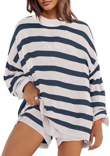 Panadila Womens Striped Sweater Set Oversized Lounge Sets Matching Pajamas Long Sleeve Sweater Top and Shorts, Blue White, XL