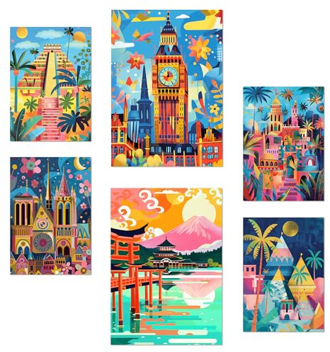 Nacnic-Set mit 6 Postern Von Mary Blair inspirierte Denkmäler Luxor Big Ben Ägypten, Chichen Itza, Notre Dame, Itsukushim Designillustrationen zur Dekoration der Wände Ihres Zuhauses A3 & A4 Rahmenlos