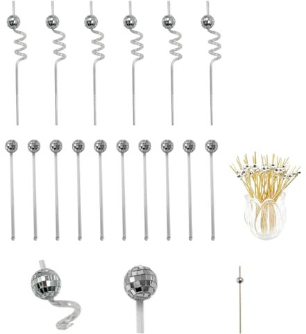 Daily Treasures 68Pcs Disco Mirror Ball Set, 6 Straws & 50 Cocktail Sticks, Reusable Plastic Cocktail Straws for 70s Disco Theme Party Retro Bar Karaoke Dance Decorations