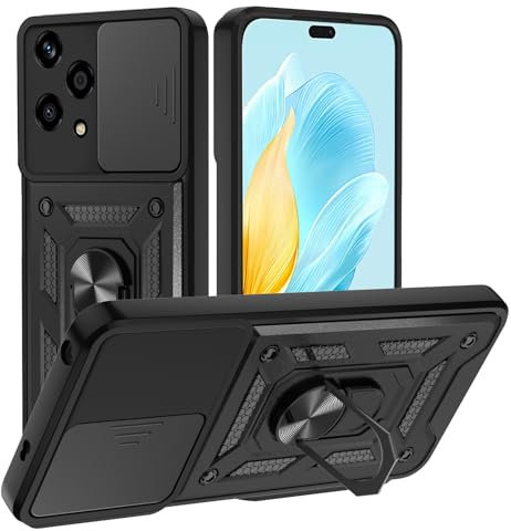TUUTPU Cover per Honor 200 Lite, Custodia Scorrevole Protezione Fotocamera Militare Antiurto Case con 360° Magnetica Anello Rotante Supporto e TPU Silicone + PC Bumper All'aperto, Nero