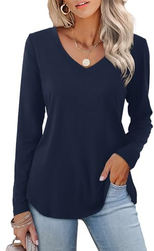 Amoretu Long Sleeve Tops Women T-Shirts Ladies V Neck T Shirt Tunic Loose Tees Shirts Navy Blue Size 16 18