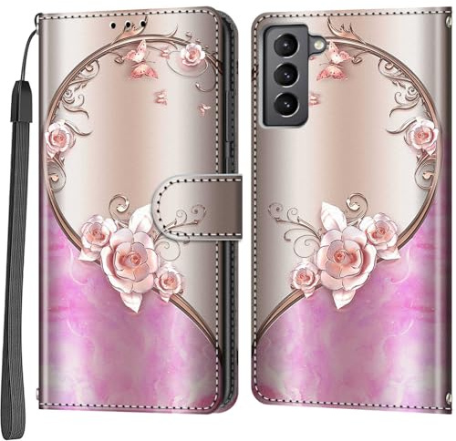 Wallet Case for Samsung Galaxy S22, pink rose | Card Slots, Kickstand, Shockproof, Magnetic Closure, PU Leather, Flip Wallet Book, Lanyard Strap