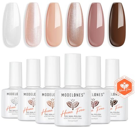 Modelones UV Nagellack, 6 Farben Nude Braun Pearl Weiß Glitzer Gel Nagellack UV Lack Gellack Set Gelnägel für Soak Off Gel Nail Polish French Manicure Nail Art Nageldesign