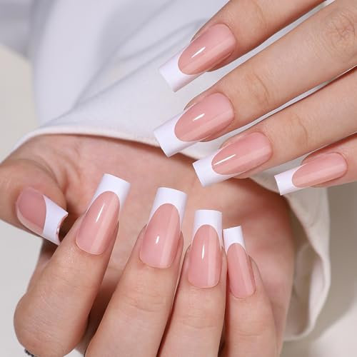 French Tip False Nails - 32pcs Long Coffin False Nails - 16 Sizes French White Tip Press on Nails - Nude Pink Fake Nails with Glue - Ballerina Acrylic Stick on Nails for Women Girls