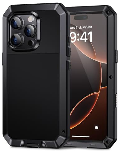 Lanhiem für iPhone 16 Pro Max Hülle, Metall Handyhülle iPhone 16 Pro Max Case Robust Stoßfest Ganzkörper Militärstandard Schutzhülle Outdoor Heavy Duty Case mit Eingebautem Displayschutz, Schwarz