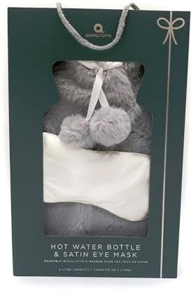 Aroma Home Grey Faux Fur Hot Water Bottle & Cream Satin Eye Mask Gift Set - Luxuriously Soft & Fluffy, Perfect for Warmth and Relaxation