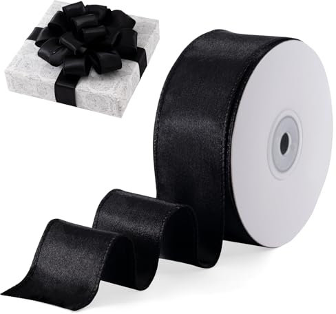 FAKILO Satin Wired Ribbon Wire Edged Christmas Ribbon for Gift Wrapping Christmas Tree Decoration Bows Making Wreath DIY Crafts Holiday and Home Decor (Black, 38mm X 18m)