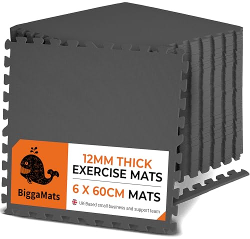 BIGGAMATS | 12mm EVA Foam Fitness Interlocking Floor Exercise Mat 60 cm x 6 | Non-Slip Workout Mats for Home Workouts, Gym, Yoga, & Training | Black Gym Flooring for Indoor and Outdoor Use