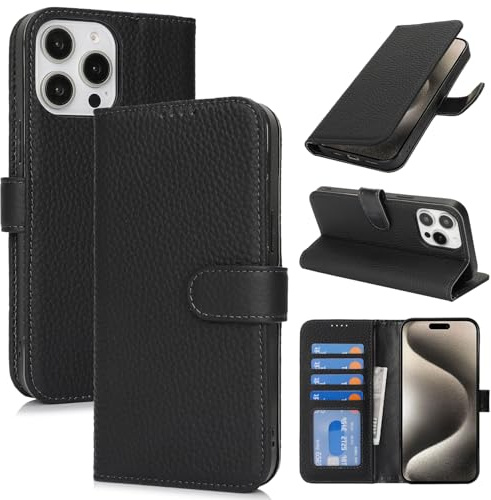 Zouzt Echtleder Hülle für iPhone 15 Pro Max 6,7, 4 Kartenfächern, Schwarz | Premium Leder, Kartenhalter, Magnet Klapp Schutzhülle, Stoßfeste TPU-Innenhülle, Frauen Männer, Leather Wallet Phone Case