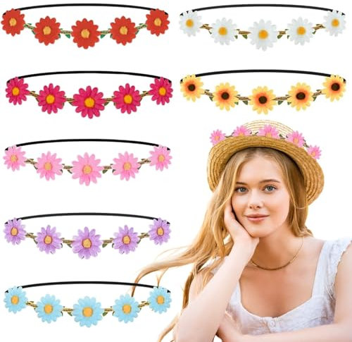 KEYRI 7 Stück Haarreif mit Sonnenblumen Haarband Kopfbedeckung Stirnband Kopfband Blumenkranz Haare Blumenkrone Boho Blumen Haarband Gänsenblümchen Haarschmuck Party (Mehrfarbig, Einheitsgröße)