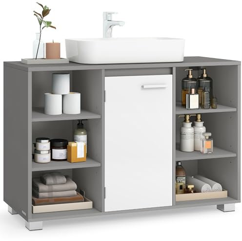 VASAGLE Meuble sous Lavabo, Meuble de Salle de Bain, Armoire de Salle de Bain avec Étagères Réglables, Pieds, 30 x 90 x 60 cm, Gris Tourterelle et Blanc Nuage BBK507G01