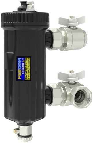 FERDOM FD480 HEAVY 5/4 DN32 Filtre Magnétique avec Séparateur pour Chauffage Central, Pompes à Chaleur etc. Aimant 12000Gs. Filtrage 3000μm & 700μm. Pour les Installations de 70 kW max. 2 Vannes 5/4