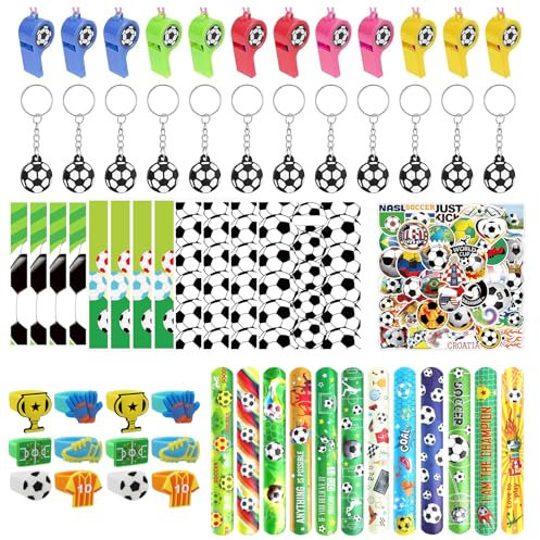 BORISCA 110 Stk Fußball Party Mitgebsel Kinder, Fußball Geschenke Kindergeburtstag mit Geschenktüten Fussball, Fußball Schnapparmband, Fußball Pfeifen, Tattoo, Fußballringe, Fußball Schlüsselanhänger