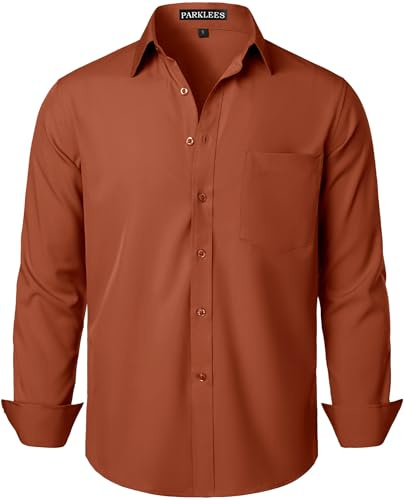 PARKLEES Men's Regular Fit Dress Shirt Solid Wrinkle-Free Long Sleeve Casual Business Button Up Shirts with Pocket